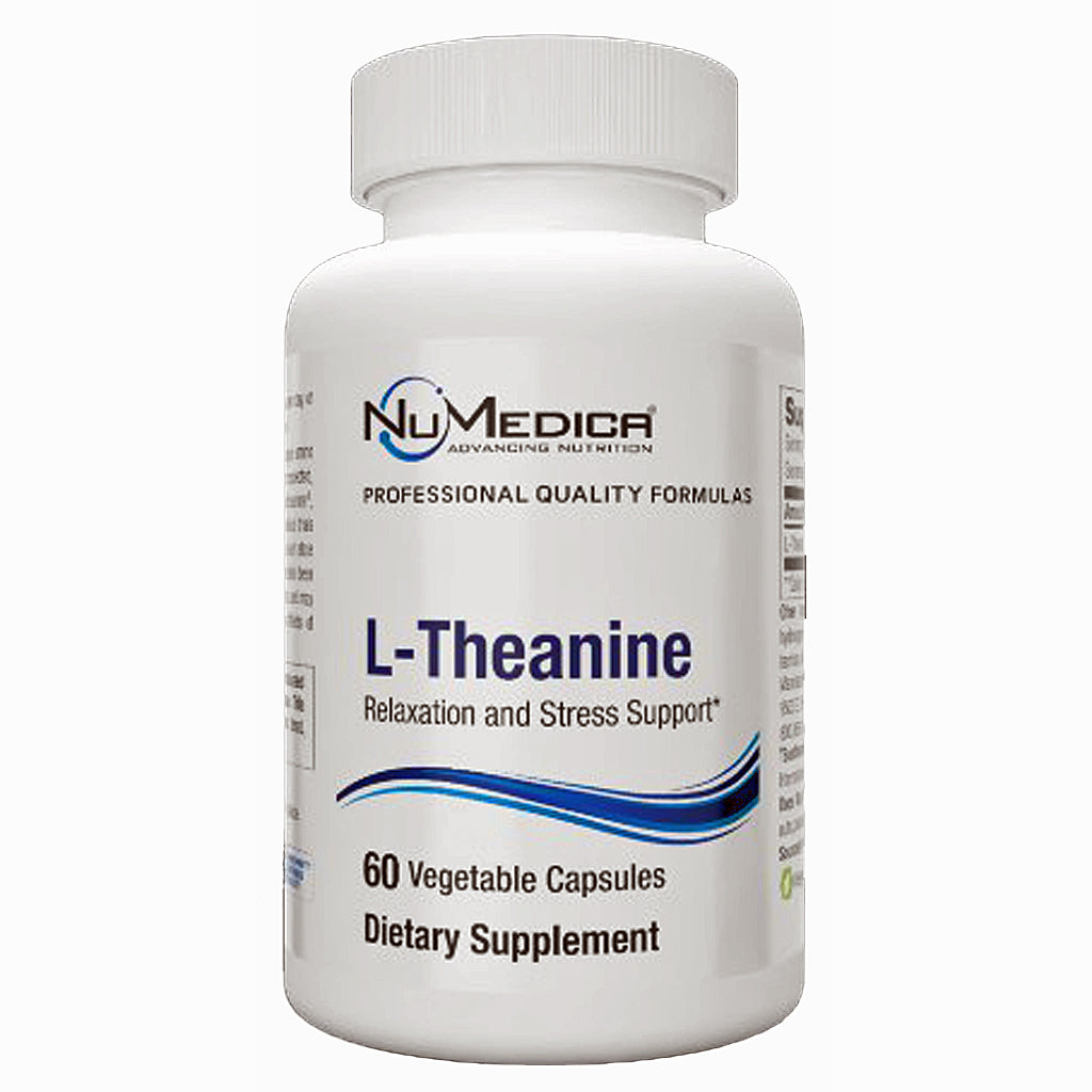 A white plastic bottle of NuMedica L-Theanine dietary supplement with a white cap, featuring a white label with blue and black text and graphics.