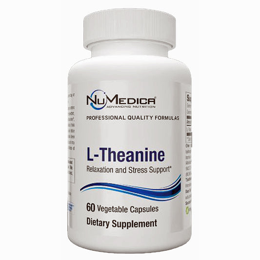 A white plastic bottle of NuMedica L-Theanine dietary supplement with a white cap, featuring a white label with blue and black text and graphics.