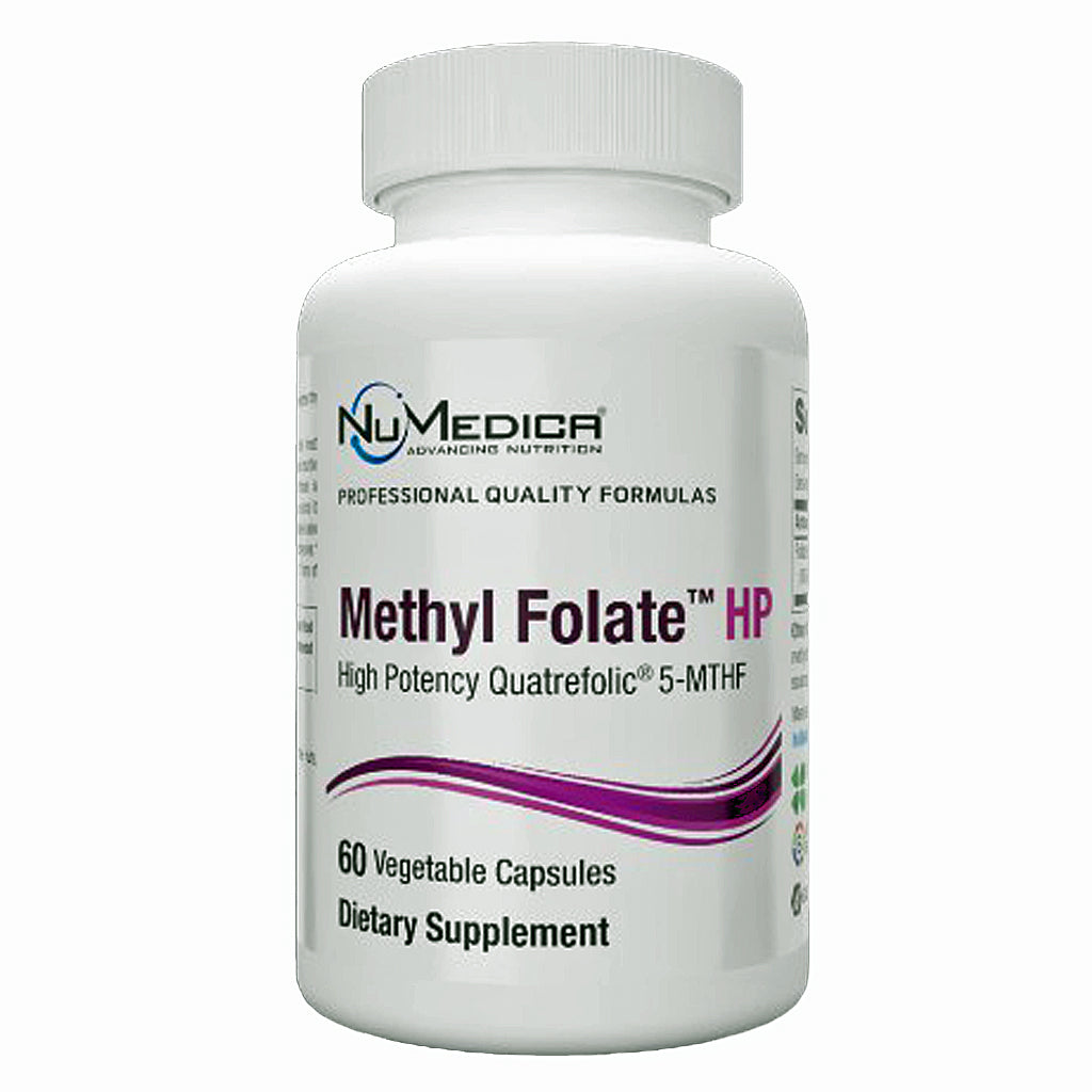 A white plastic bottle of Nulevica Methyl Folate HP dietary supplement, containing 60 vegetable capsules, shown against a plain white background.