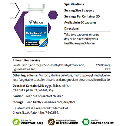 A supplement facts and specification card for Nulmedion Methyl Folate HP, showing product details, serving size and directions alongside a nutrition facts panel and vegetarian/gluten-free badges.