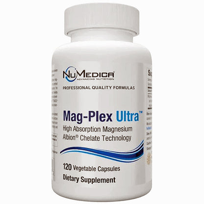 A white plastic bottle of NuMedica Mag-Plex Ultra dietary supplement with a white cap, on a plain white background.