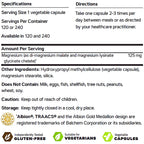 Front panel of a supplement facts label for Albion Magnesium capsules, showing serving size, directions, ingredients, storage, and certification badges including gluten-free, vegetarian, and vegetable capsules.