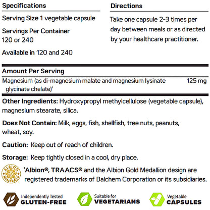 Front panel of a supplement facts label for Albion Magnesium capsules, showing serving size, directions, ingredients, storage, and certification badges including gluten-free, vegetarian, and vegetable capsules.
