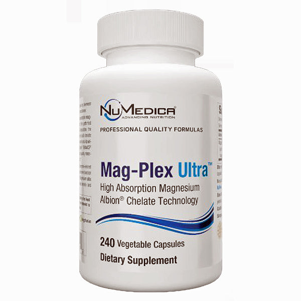 Supplement bottle labeled 'Mag-Plex Ultra' by NuMedica on a white background