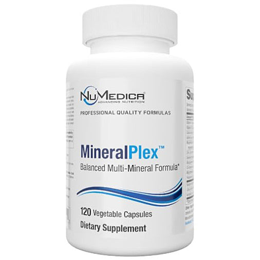 A white bottle of NuMedica MineralPlex dietary supplement with blue and black text on the label, set against a plain white background.