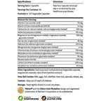 A supplement facts and specifications label for a vegetarian capsules product, showing serving size 4 capsules, 30 per container, 120 vegetable capsules, and a list of ingredients and directions. The label includes a 'Suitable for Vegetarians' and 'Independently Tested Gluten-Free' badges at the bottom.