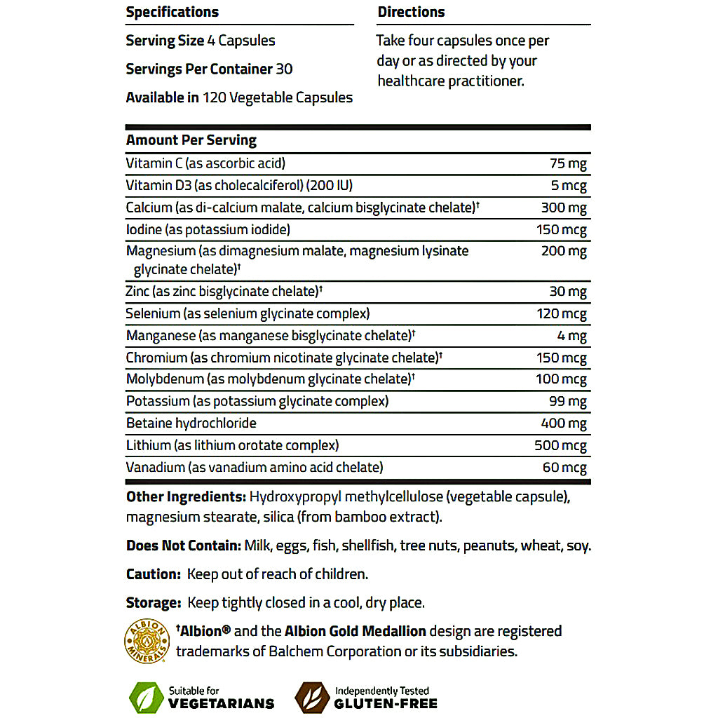 A supplement facts and specifications label for a vegetarian capsules product, showing serving size 4 capsules, 30 per container, 120 vegetable capsules, and a list of ingredients and directions. The label includes a 'Suitable for Vegetarians' and 'Independently Tested Gluten-Free' badges at the bottom.