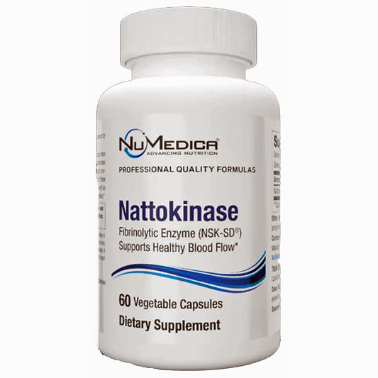 A white plastic bottle of NuMedica Nattokinase dietary supplement with 60 vegetable capsules, shown against a plain white background.