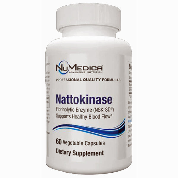A white plastic bottle of NuMedica Nattokinase dietary supplement with 60 vegetable capsules, shown against a plain white background.