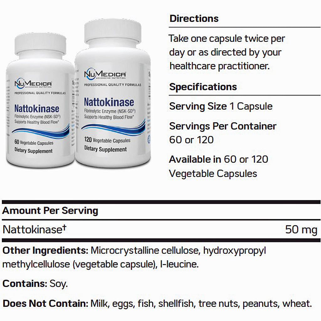 Two white bottles of Nuy Medic Nattokinase dietary supplement capsules shown with a black information panel containing directions, specifications, and ingredients.