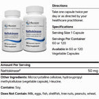 Two white bottles of Nuy Medic Nattokinase dietary supplement capsules shown with a black information panel containing directions, specifications, and ingredients.