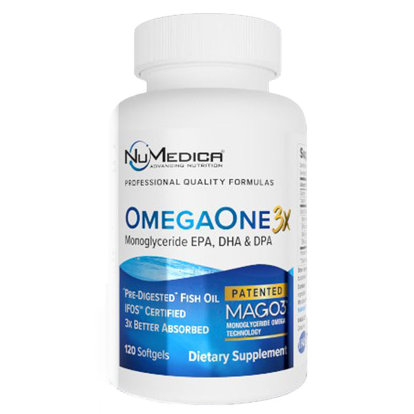 NuMedica OmegaOne 3X dietary supplement bottle on a white background