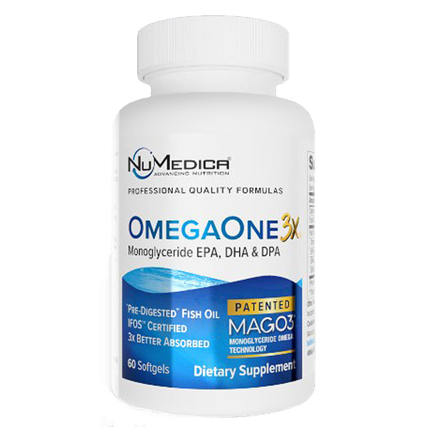 NuMedica OmegaOne 3X dietary supplement bottle on a white background