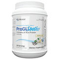 A white plastic tub of NuMedica ProGIsoothe 13 Grams of Rice Protein dietary supplement, vanilla flavor, on a white background.