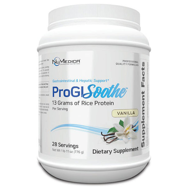 A white plastic tub of NuMedica ProGIsoothe 13 Grams of Rice Protein dietary supplement, vanilla flavor, on a white background.