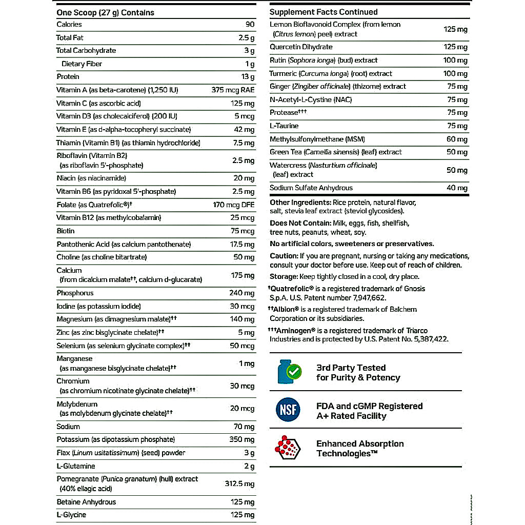 A supplement facts label for 'NutriKinet' showing a daily supplement guide table with ingredients, calories, and nutrients, alongside a 'Third Party Tested for Purity and Potency' badge and NSF/Innovative Food Technologies logos at the bottom.