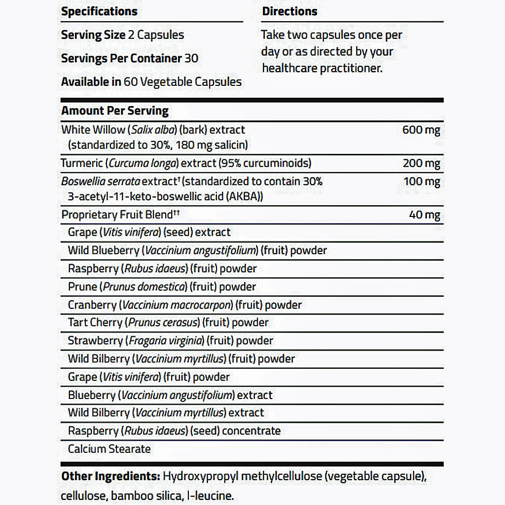 A black and white supplement facts label showing specifications, directions, and a detailed list of ingredients including White Willow, Turmeric, Boswellia serrata, Grape, Blueberry, and Raspberry.