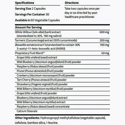 A black and white supplement facts label showing specifications, directions, and a detailed list of ingredients including White Willow, Turmeric, Boswellia serrata, Grape, Blueberry, and Raspberry.