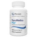 A white plastic bottle of NuMedica ThyroMedica Plus dietary supplement with a white cap, featuring blue and black text on a clean white background.