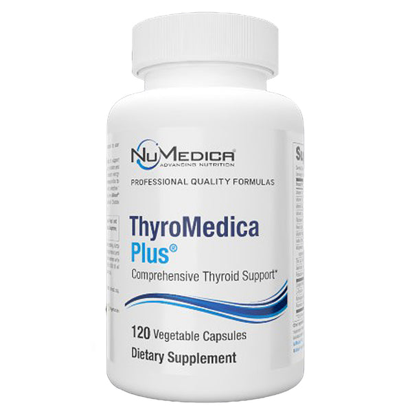 A white plastic bottle of NuMedica ThyroMedica Plus dietary supplement with a white cap, featuring blue and black text on a clean white background.