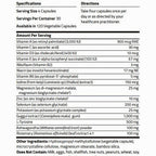 A black and white supplement facts and directions label showing serving size, directions, and a detailed list of ingredients and their daily values.