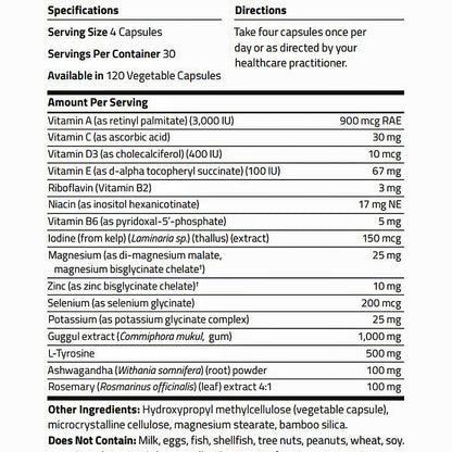 A black and white supplement facts and directions label showing serving size, directions, and a detailed list of ingredients and their daily values.