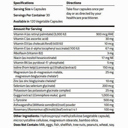 A black and white supplement facts and directions label showing serving size, directions, and a detailed list of ingredients and their daily values.