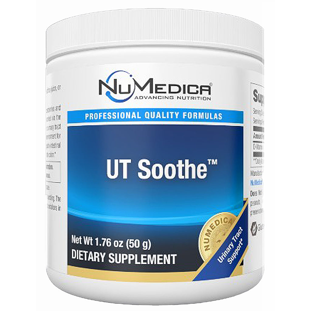 A white plastic tub of NuMedica UT Soothe dietary supplement, featuring a blue and white label with a gold seal, on a plain white background.