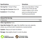 A product information panel with serving size, directions, amount per serving, and ingredient notes for D-Mannose. It includes a caution for keeping out of reach of children and storage instructions, plus icons indicating suitable for vegetarians and independently gluten free.
