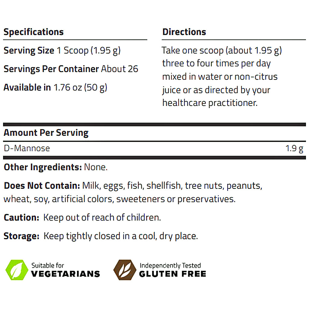 A product information panel with serving size, directions, amount per serving, and ingredient notes for D-Mannose. It includes a caution for keeping out of reach of children and storage instructions, plus icons indicating suitable for vegetarians and independently gluten free.