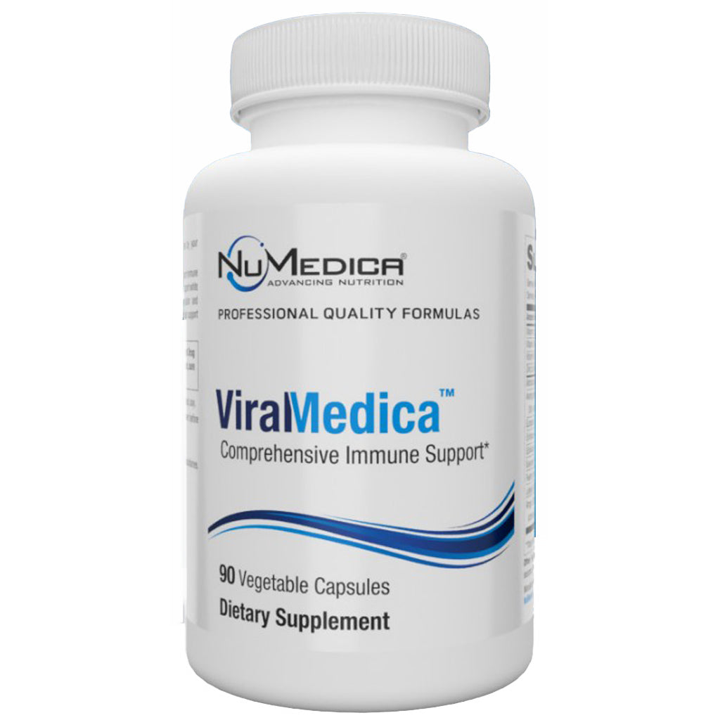 A white plastic bottle of NuMedica ViralMedica Comprehensive Immune Support dietary supplement, containing 90 vegetable capsules, shown on a plain white background.