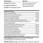 A black-and-white supplement facts and directions label showing serving size 3 capsules, 30 servings per container, 90 vegetable capsules, and a detailed ingredient list with amounts for vitamins, astragalus, European elder, echinacea, quercetin, fisetin, luteolin, and ginger.