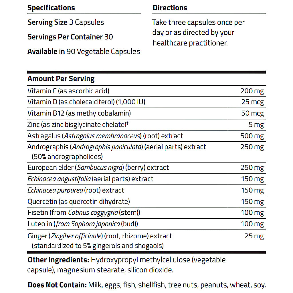 A black-and-white supplement facts and directions label showing serving size 3 capsules, 30 servings per container, 90 vegetable capsules, and a detailed ingredient list with amounts for vitamins, astragalus, European elder, echinacea, quercetin, fisetin, luteolin, and ginger.