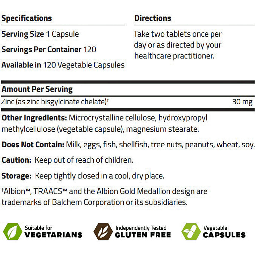 A text panel with product specifications and directions for a dietary supplement, including serving size, servings per container, available capsules, amount per serving, other ingredients, dietary restrictions, storage, and logos indicating vegetarian and gluten-free suitability.