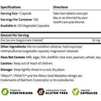 A text panel with product specifications and directions for a dietary supplement, including serving size, servings per container, available capsules, amount per serving, other ingredients, dietary restrictions, storage, and logos indicating vegetarian and gluten-free suitability.