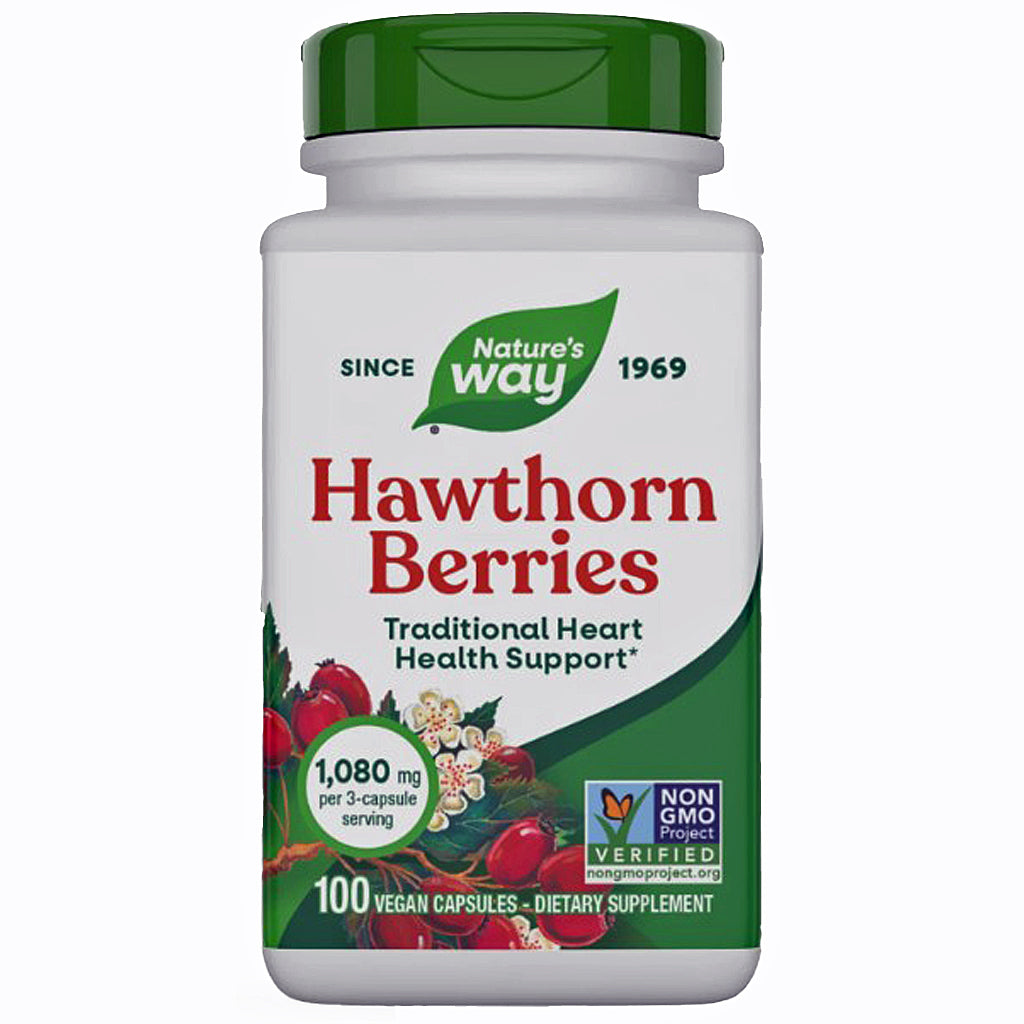 Nature's Way Hawthorn Berries dietary supplement bottle with a green cap and white label, featuring red text and berry illustrations on a white background.