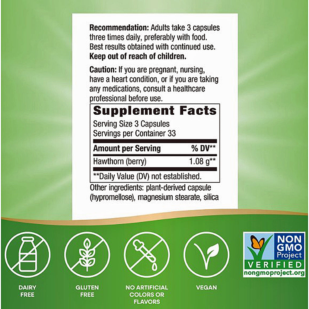 Back of a supplement box showing usage recommendation, supplement facts label, and a green-and-white panel with icons for dairy free, gluten free, no artificial colors or flavors, and vegan. A Non-GMO Project Verified logo appears in the lower right.