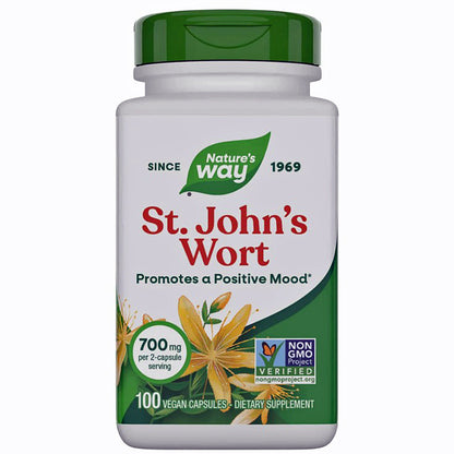 Nature's Way St. John's Wort dietary supplement bottle with a green cap and white label, featuring yellow flowers and red text on a white background.