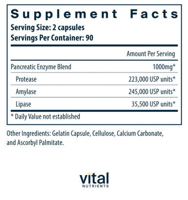Vital Nutrients Pancreatic Enzymes 1000 mg (full strength) 180c