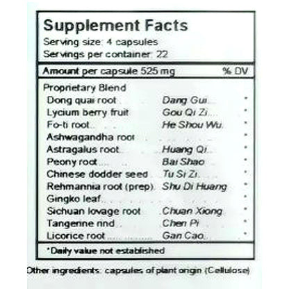 Supplement facts label with various herbal ingredients listed