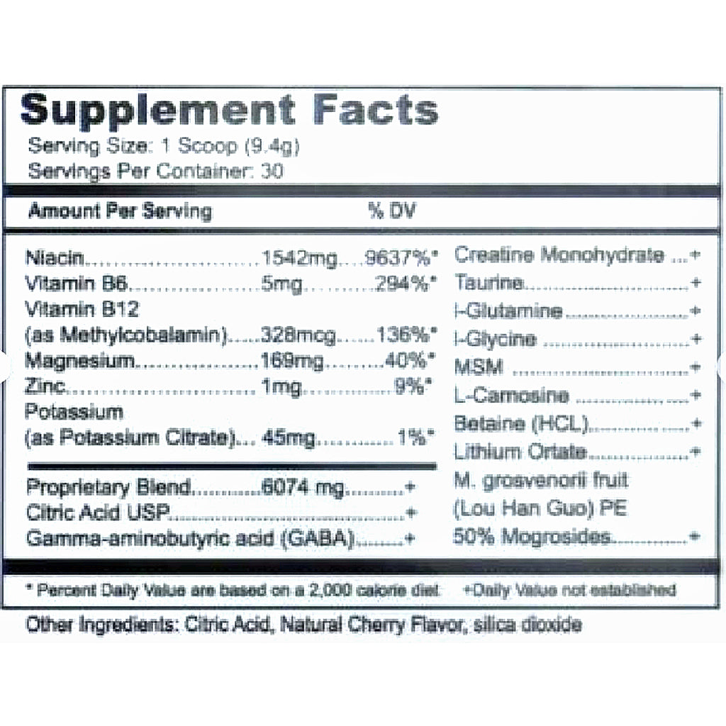 Supplement facts label with various nutrients and their percentages of daily values.