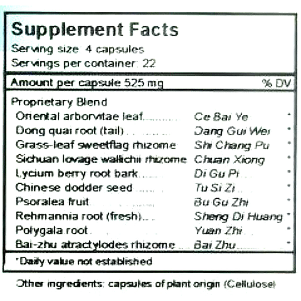 Supplement facts label with herbal ingredients listed
