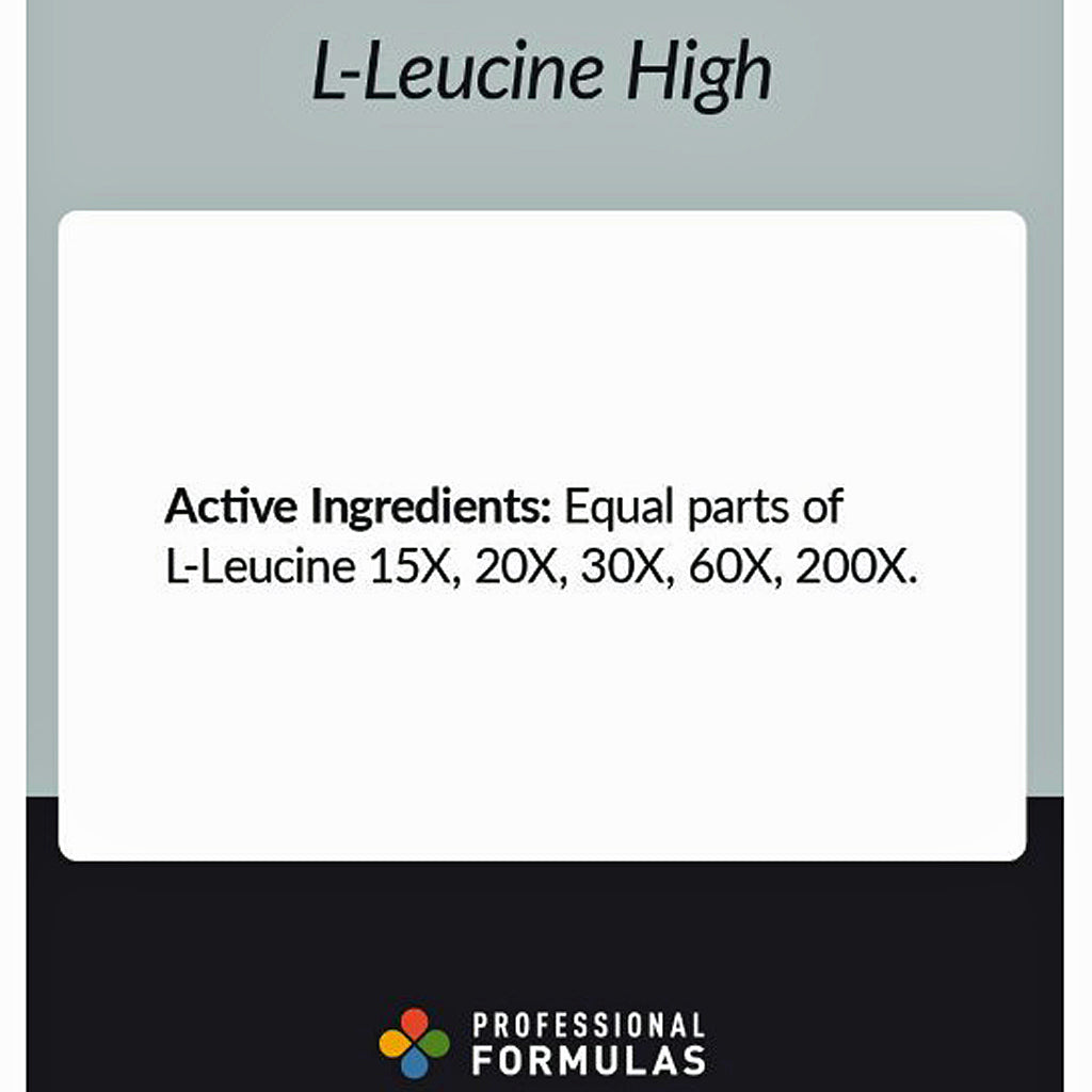 A text-based informational graphic for L-Leucine High, showing the heading 'L-Leucine High' and the note 'Active Ingredients: Equal parts of L-Leucine 15X, 20X, 30X, 60X, 200X.' on a white panel, with the Professional Formulas logo at the bottom.