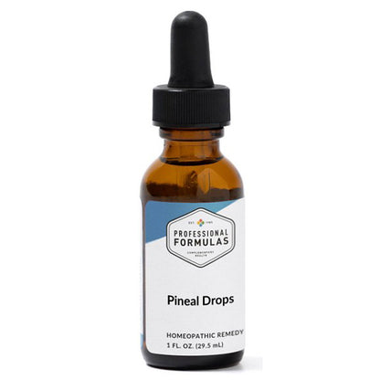 An amber glass dropper bottle of Professional Formulas Pineal Drops homeopathic remedy on a white background.
