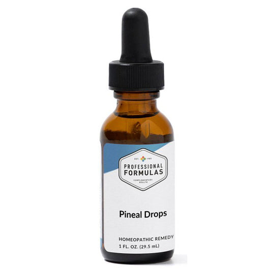 An amber glass dropper bottle of Professional Formulas Pineal Drops homeopathic remedy on a white background.