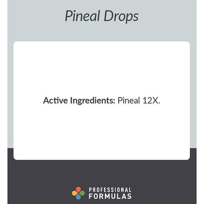 A digital graphic card for Pineal Drops by Professional Formulas, detailing the active ingredients as 'Pineal 12X'. The card features a white central panel with black text, set against a split gray and dark gray background with the brand logo at the bottom.