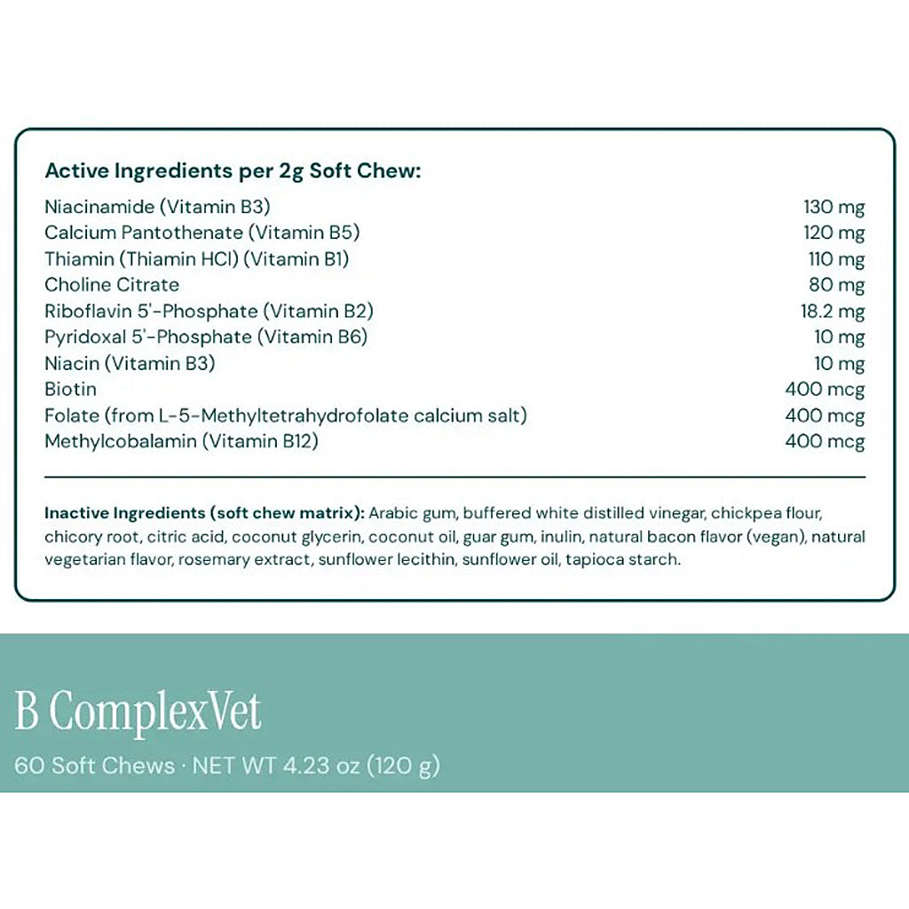 A supplement facts label for B ComplexVet Soft Chew treats. The top section shows a white box with black text listing active ingredients and inactive ingredients per 2g Soft Chew, including Vitamin B3, B5, and various B vitamins.