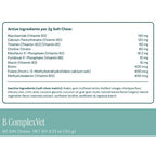 A supplement facts label for B ComplexVet Soft Chew treats. The top section shows a white box with black text listing active ingredients and inactive ingredients per 2g Soft Chew, including Vitamin B3, B5, and various B vitamins.