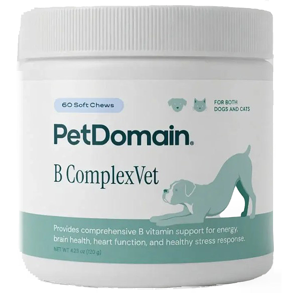 A white plastic tub of PetDomain B ComplexVet dog supplements with a white ribbed cap, featuring a label with teal and dark green text and graphics of a dog and cat.