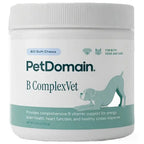 A white plastic tub of PetDomain B ComplexVet dog supplements with a white ribbed cap, featuring a label with teal and dark green text and graphics of a dog and cat.